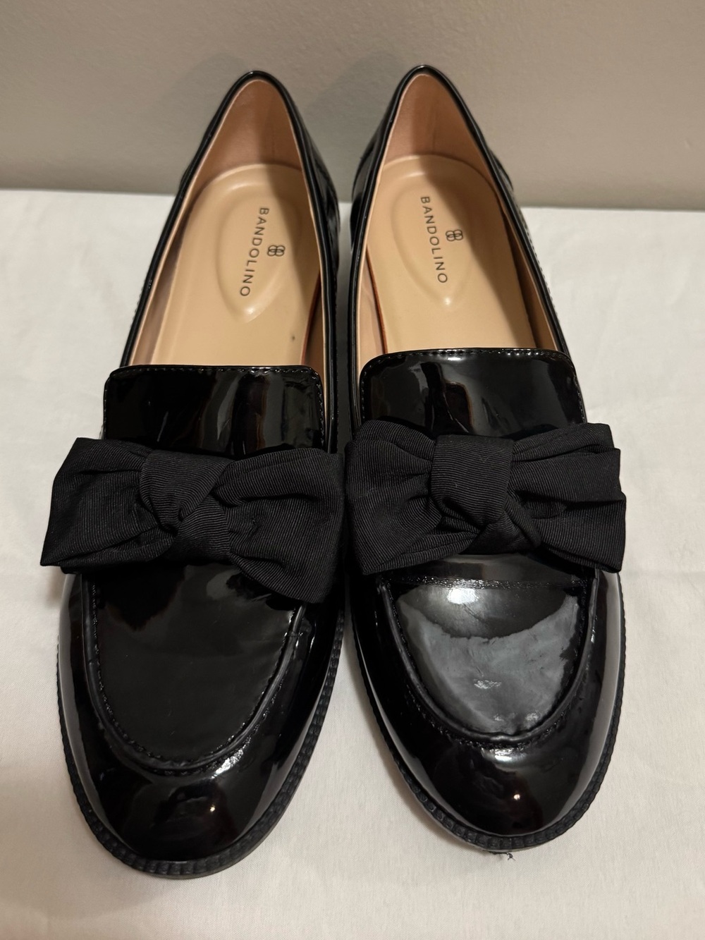 Bandolino Black Patent Loafers with Fabric Bow - 8M